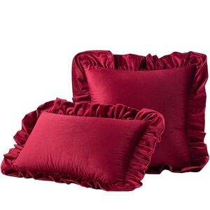 Wine Red Velvet 18”x18” & 12”x20”Ruffled Christmas Pillow Cover Set